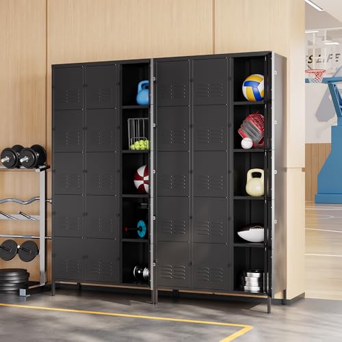 Image of Metal Locker with 15 Doors Employees Locker, Metal Storage Locker with Hooks, 72 inch Storage Cabinet Lockers for Employees, Home, Office, Gym Requires Assembly (15 Doors, Black)