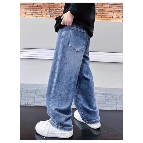 Boys Baggy Jeans,Straight Wide Leg Blue Jeans,Casual Elastic Waist Loose Fit Denim Pants,Y2K Streetwear with Pockets3