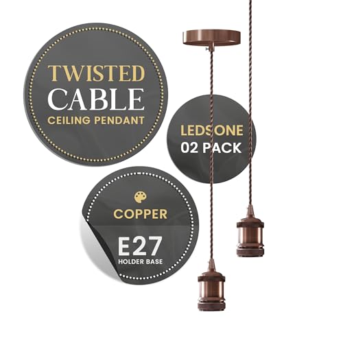 LEDSone Ceiling Rose Pendant Bulb Holder 2 Pack Copper 100 cm Braided Adjustable Cable With E27 light fitting lamp holder For Kitchen Living Bedroom Dining Room Hallway Lighting