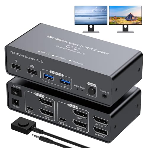 VEDINDUST 8K60Hz DisplayPort KVM Switch 2 Monitors 2 Computers 4K120Hz Aluminium Shared 4 USB Device Support DP1.4 With With Desktop Control