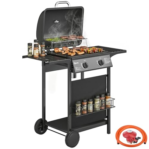 Outsunny 2 Burner Gas Barbecue Grill Gas Grill with Side Tables Garden BBQ Grill with Warming Rack Shelf Thermometer Piezo Ignition Grease Tray for Outdoor Cooking Patio Parties Black