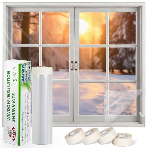 FLYZZZ Kit de aislamiento de ventana de puerta de patio, 84 x 420 pulgadas, película retráctil resistente (0.9 mil) para invierno con cinta ancha extralarga, cubre puerta de patio XL o ventana grande