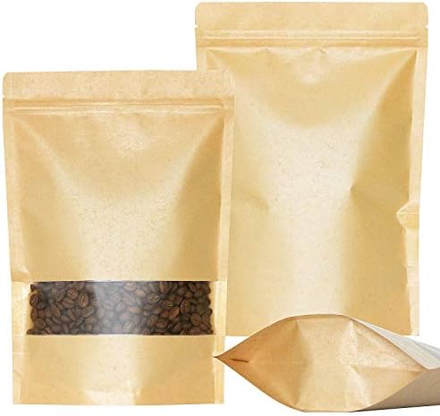SumDirect 50Pcs Kraft Zip Lock Stand Up Bags Pouches with Notch and Matte Window (18x26cm)