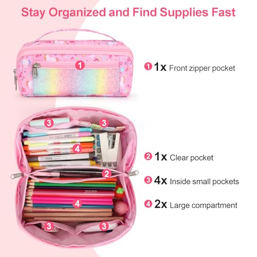 Image of Large Pencil Case for Girls, Aesthetic Pencil Pouch for School, Wide Opening Organizer Box with Handle, Fits 50 Pens & Markers (Glitter Pink Unicorn)