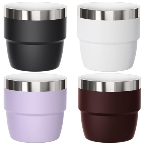 4 oz Small Espresso Cup, Ceramic-Lined 18/8 Stainless Steel, Double-Wall Vacuum Insulated, Stackable, Dishwasher Safe, Fits Most Espresso Machines, 4 Pack, Black/White/Lilac/Wine Red