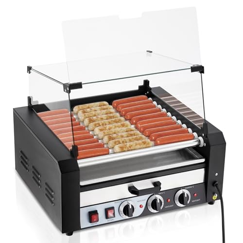 Electric Hot Dog Roller, 11 Rollers Hot Dog Machine, 30 Hot Dogs Capacity, Grill Warmer With Independent Temperature Control, Detachable Glass Hood Cover & Oil Drip Tray, 5-8 Min Quick Cooking