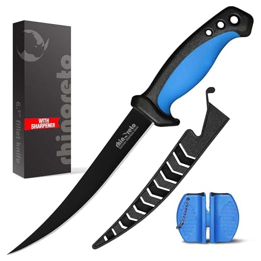 Rhinoreto Fish fillet knife. Flexible, stainless steel blade. Filet knifes for fish with sheath and sharpener. (6.5)