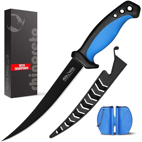 Rhinoreto Fillet Knife for Fish - Razor Sharp G4116 German Stainless Steel Blade, 6.5 Inch Professional Filleting & Boning Knife with Non-Slip Handle, Protective Sheath & Sharpener by Rhinoreto - Used condition - US$21.51