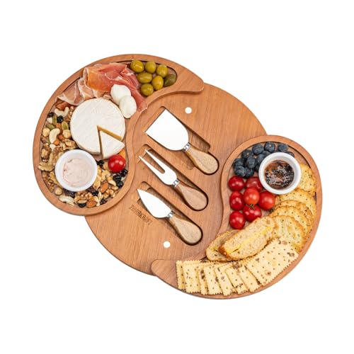 ZMARKRAFT US Patented Double-Layer Charcuterie Board Inspired by Tai Chi | Cheese Board Platter Set w 3 Knives and 2 Bowls | Premium Bamboo Serving Tray | Hoursewarming gift (Mocha Brown)
