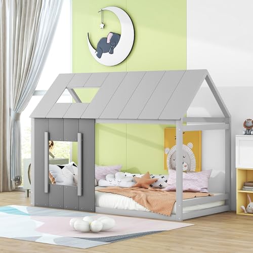 Hausbett im skandinavischen Stil, Massivholz Bettgestell mit Dach und Fenster, stabiles Flachbett im modernen Design, dekoratives Holzhaus Bett für Schlafzimmer Hausbett im skandinavischen Stil, Massivholz Bettgestell mit Dach und Fenster, stabiles Flachbett im modernen Design, dekoratives Holzhaus Bett für Schlafzimmer