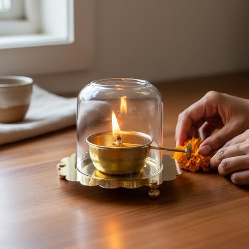 Image of eCraftIndia Akhand Diya with Glass Cover & Adjustable Bati | Decorative Oil Lamp for Home Mandir, Pooja Room & Festivals | Traditional Deepak for Aarti | Gift for Housewarming