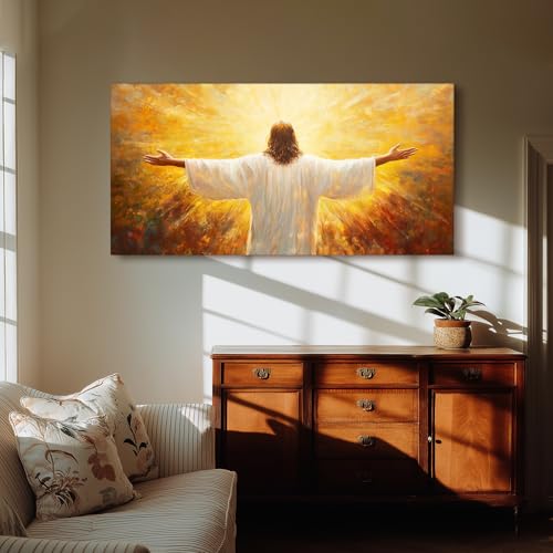 SERIMINO Jesus with Open Arms Wall Art, Christian Art Wall Decor for Serenity Prayer, Risen Lord in Radiant Glory Extra Large Paintings, Christ Grace Pictures for Living Room Church Prints 30"X60"