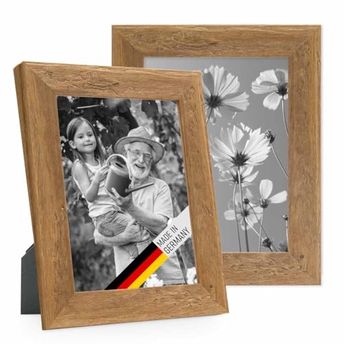 PHOTOLINI Cadres en bois 18 x 24 cm aspect chêne, lot de 2 cadres photo en bois véritable rustique, avec verre, à suspendre ou à poser, avec accessoires -...