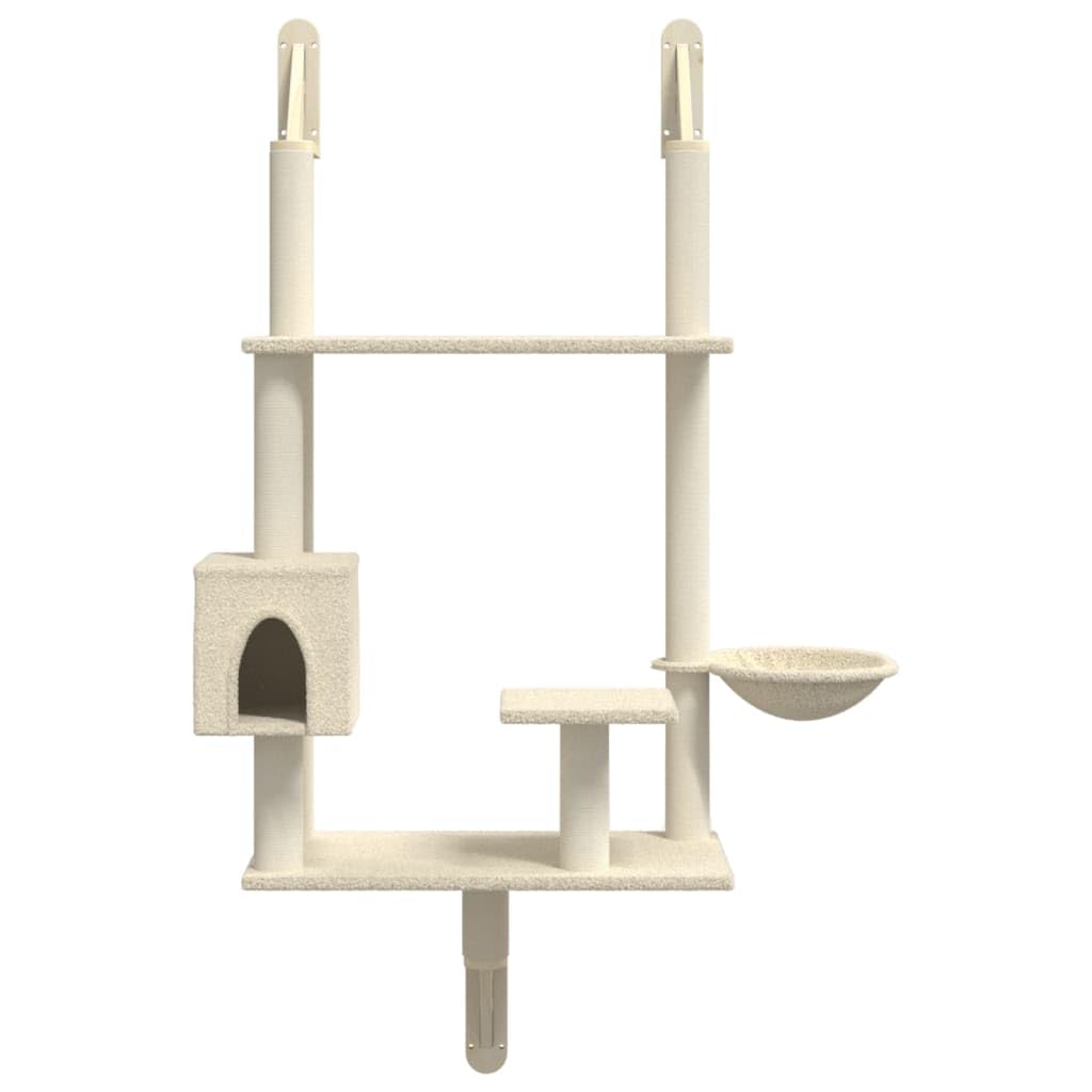 vidaXL Albero per Gatti con Tiragraffi a Parete Crema 153 cm, tiragraffi per gatti, mobili per gatti, torre per gatti a parete, torre per gatti