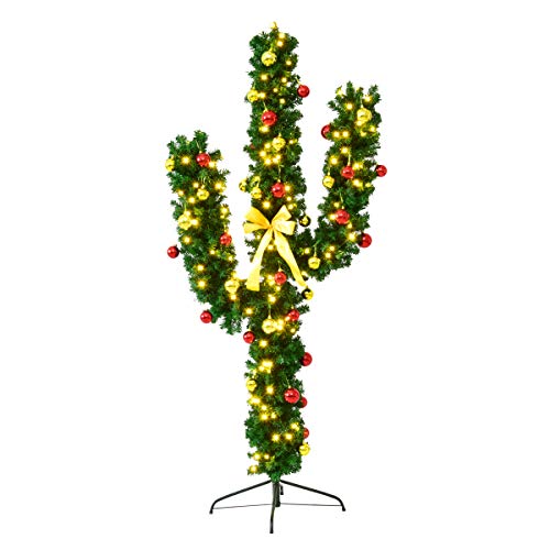 Goplus 6 FT Pre-Lit Artificial Cactus Christmas Tree with LED Lights and Ball Ornaments, Perfect Holiday Decoration Indoor Xmas Tree