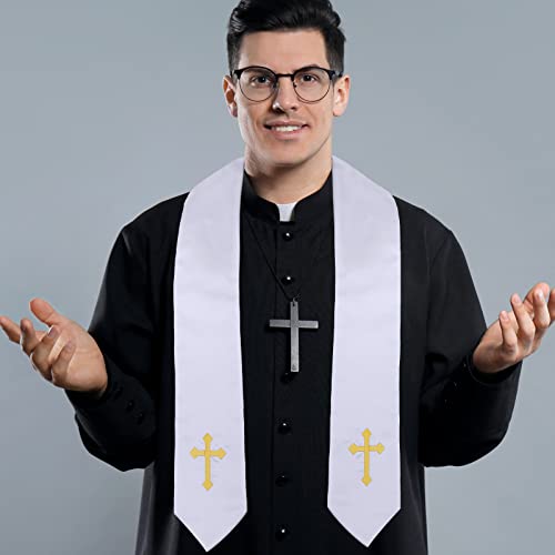 Tarpop Embroidery Clergy Stole Church Pastor Wedding White Traditional Choir Stole with Embroidery Cross for Men Wedding Officiant Priest Robe Accessories - Thumbnail 6