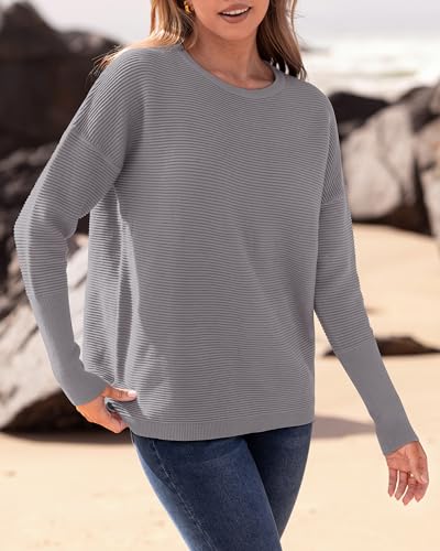 BTFBM Casual Women 2026 Fall Sweater Long Sleeve Ribbed Knit Pullover Loose Crewneck Batwing Split Sweater(Grey,Medium) — view 4