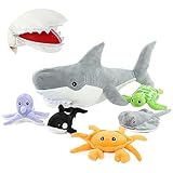 🐬 [Exklusive Design] 57cm lang Plüsch Hai Kuscheltier, grau groß Hai Kuscheltier mit 5 Stücke Meertiere (wie Oktopus, Krabbe, Schildkröte, Stachelrochen und Blauwal) im Mund des Hai mit Reißverschluss, sehr verschmust und kawaii. Original MorisMos Design. Ideal für Babys zum Spielen, kuscheln,Geschenk für Weihnachten Geburtstag