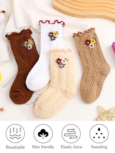 Urieo Baby Girls Knee High Socks Cotton Ruffle Sock Flower Long Stockings for Infants Toddlers Kids Girls2