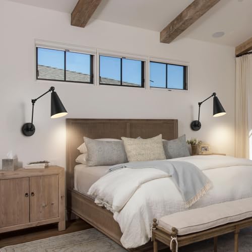 Image of MWZ Black Swing Arm Wireless Rechargeable Sconces Set of 2,Battery Operated Dimmable 3 Color Cordless Wall Lamp with Remote,Indoor Wall Mounted Light Fixture with Cone Metal Shade for Bedside