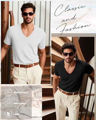 Huukeay 3 Pack Deep V Neck T-Shirts for Men Big and Tall Short Sleeve Tee Tops Slim Fit Casual Low Cut Shirts3