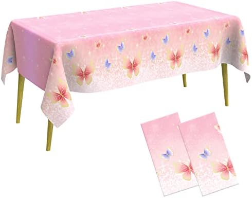 2 Pack Disposable Butterfly Tablecloth Spring Pastel Butterfly Plastic Table Cover Butterfly Birthday Party Decorations Rectangular Table Cloth for Girl Birthday Party Baby Shower Supplies, 108" x 54"