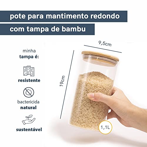 Pote Hermético de Vidro com Tampa de Bambu Redondo Flat 500ml - Oikos