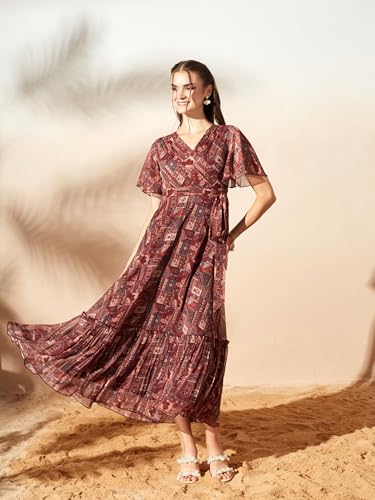 Image of Miss Chase Women's Floral V-Neck Flutter Sleeve Wrap Chiffon Maxi Dress