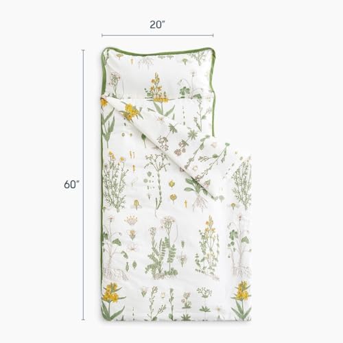 Image of Wake In Cloud - Toddler Nap Mat with Pillow and Blanket, 100% Cotton Fabric, for Kids Girls Ages 3 Plus in Daycare Kindergarten Preschool, Sleeping Bag, Botanical Flowers