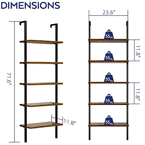 Numenn 5 Tier Book Shelf, Industrial Ladder Shelf, Open Space Wall Mount Bookshelf With Metal Frame, Sturdy Book Shelves, Bookcase For Living Room, Home Office Shelf, Vintage Brown #TOP2