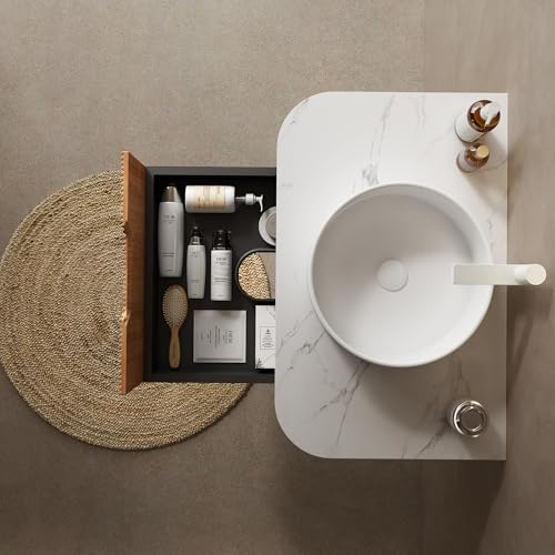 Image of KEIKI 30 inch Bathroom Vanity Cabinet with Sink Combo, Wall Mounted Curved Edges Striped Floating Bathroom Vanity with Soft-Close Drawer, White Round Ceramic Basin Without Faucet, Natural Wood