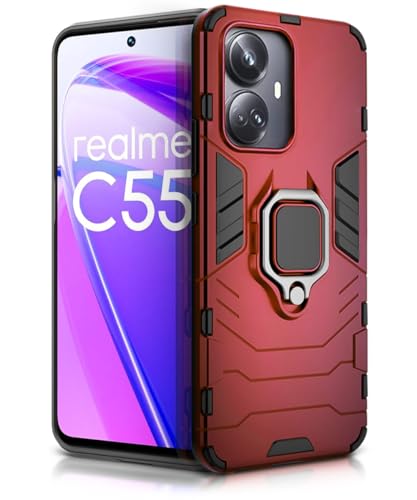 Image of WOW IMAGINE Shock Proof Back Case Mobile Cover for Realme C55 | Realme Narzo N55 | Back Cover Case (Tough Armor | Hybrid PC + TPU | Ring Holder & in-Built Kickstand | Red)