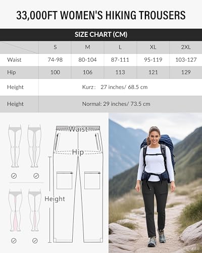 33,000ft Wanderhose Damen Outdoorhose Wasserabweisend Trekkinghose mit 5 Taschen Leichte Cargohosen Atmungsaktiv Funktionshose für Camping Laufen Schwarz 29L-XL
