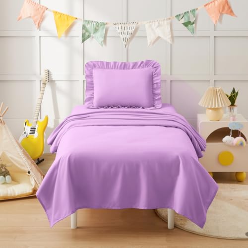 Image of KKJIAF 3 Piece Toddler Sheet Set Microfiber, Includes a Flat Sheet, a Fitted Sheet and a Ruffle Pillowcase, Light Purple