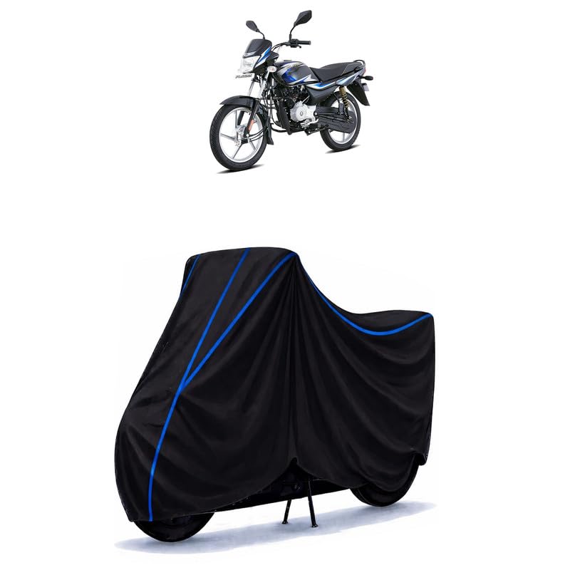 Image of Bajaj Platina 100 Bike Cover Water Resistant Universal Motorcycle Rain | Heavy Duty UV Protection, Dust, Scratch Indoor Outdoor All Weather with Black Blue Piping Elastic