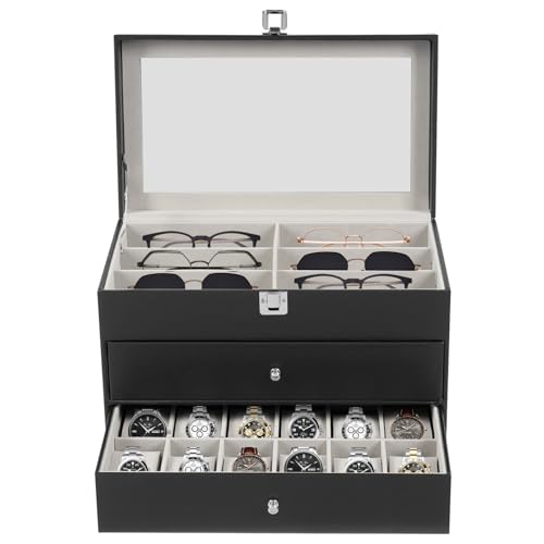 Tagtuell Caja de almacenamiento para gafas de sol, estuche con cerradura, gafas de sol con tapa de cristal, para guardar 12 relojes y 12 gafas de sol