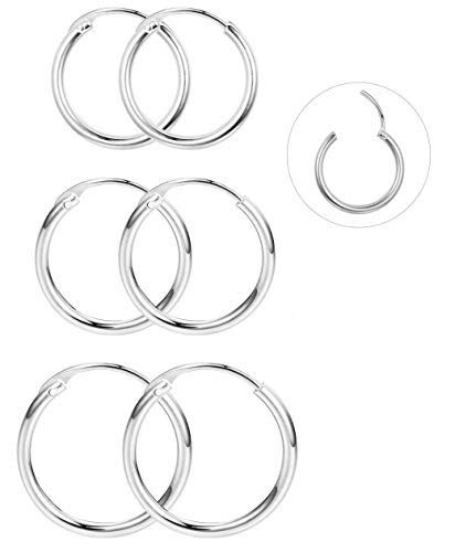Milacolato 3 Pares de Plata de ley 925 Pendientes de aro Sin fin Pulidos Para Hombres Mujeres 13mm / 15mm / 18mm