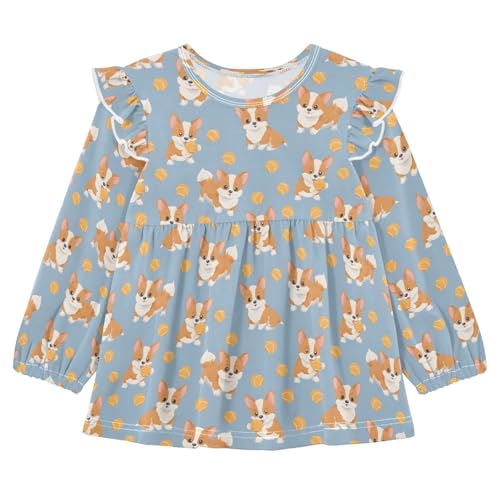 Corgi Dog with Ball Girls Shirts Cotton Long Sleeve Ruffle Toddler Tee Tops