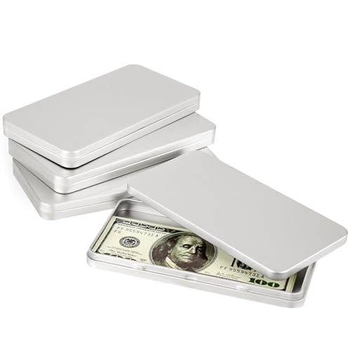 Hipiwe Metal Rectangular Cash Box with Lid Currency Tray Money Holder Small Metal Empty Box Container Silver Dollar Bill Storage Tin Box for Cash Coin Jewelry Stamps Organizer, 4 Packs