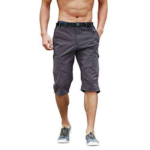 Yameekamulga Men's Outdoor Capri Pants Quick Dry Hiking Below KneeBelow Knee Long Inseam Elastic Waist Shorts with Zipper Pockets Grey