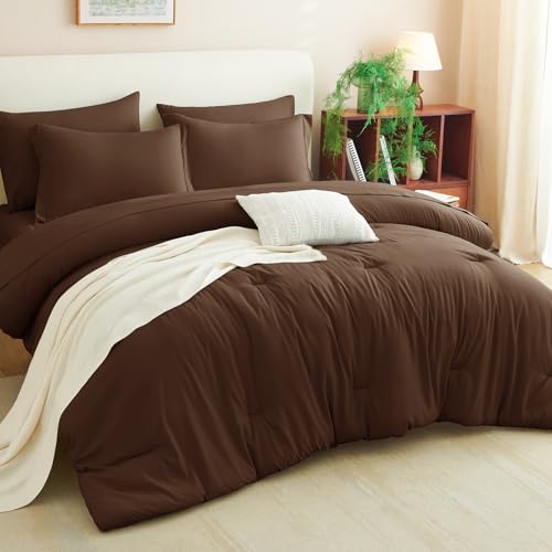 CozyLux Queen Comforter Set Brown, 7 Pieces Bed in a Bag Queen Size Comforter Set with Sheets, Bedding Sets with Down Alternative Comforter, Fitted Sheets, Flat Sheets, Pillow Shams and Pillowcases