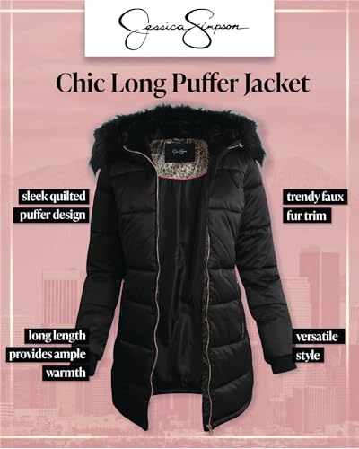 Jessica Simpson Women's Long Puffer Jacket - Quilted Winter Coat with Faux Fur Trim Hood - Insulated Coat for Women (S-XL)3