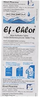Ef-Chlor 17 Mg Water Purification Tablets / 100 Tablets Pack -1 tablet Purifies 3-4 Liters of Water/Safe and Reliable Water Treatment No Color or Unpleasant Taste/Sterilize Disinfect & Purify Water