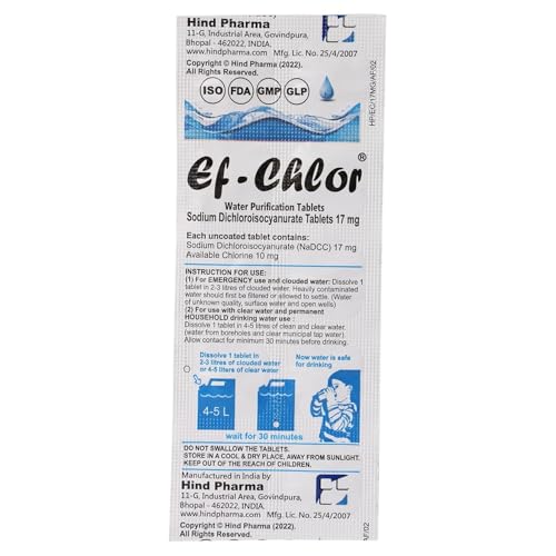 Ef-Chlor 17 Mg Water Purification Tablets / 100 Tablets Pack -1 tablet Purifies 3-4 Liters of Water/Safe and Reliable Water Treatment No Color or Unpleasant Taste/Sterilize Disinfect & Purify Water