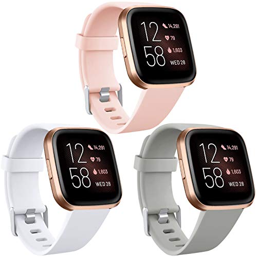 Maledan 3 Pack Bands Compatible with Fitbit Versa 2/Versa Lite/Fitbit Versa Smartwatch, Waterproof Silicone Sport Strap Replacement Wristband for Women Men, Small, Gray/Pink/White