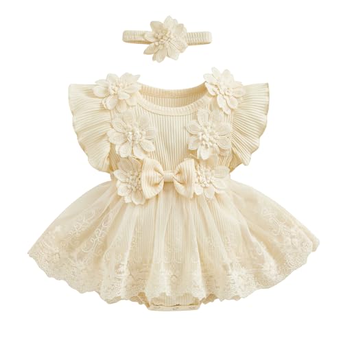 Image of Infant Baby Girl Lace Romper Baby Tulle Dress Romper Flowers Bodysuit Spring Summer Festival Clothes with Headband