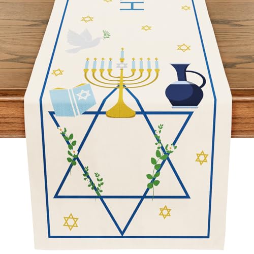 LeZakaa-Hanukkah-Table-Runner-Kitchen-Dining-Linen-Table-Decoration-with-Happy-Hanukkah-Lettering-and-Candle-Design-for-IndoorOutdoor-Home-Party-Decor-13-x-72-Inch LeZakaa Hanukkah Table Runner Kitchen Dining Linen Table Decoration with Happy Hanukkah Lettering and Candle Design for IndoorOutdoor Home Party Decor 13 x 72 Inch