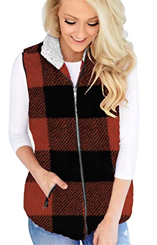 ONLYSHE Womens Sherpa Fleece Zipper Vest Warm Outwear with Pockets Plaid Print Vests L