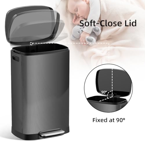 Image of KUK 13 Gallon Kitchen Trash Can with Lid, 50L /13Gal Office Step Garbage Can for Home, Kitchen, Laundry Room, Office, Titanium Black