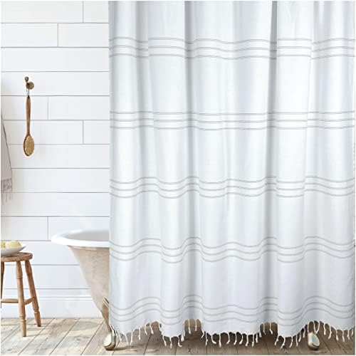 HALL & PERRY Modern Farmhouse White Stripe Shower Curtain with Tassels - Horizontal Taupe Striped 100% Cotton, 72" x 72"
